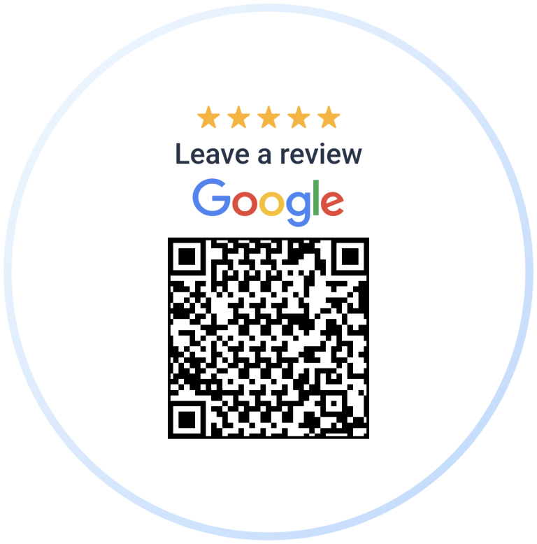 Google review prompt with QR code and five yellow stars for rating.